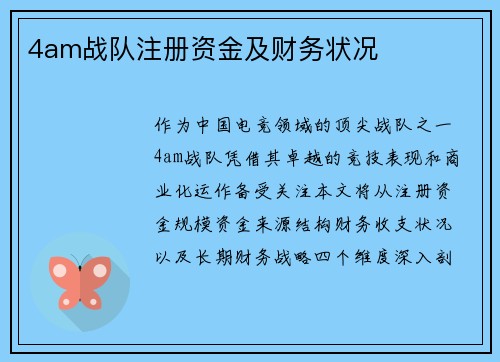 4am战队注册资金及财务状况