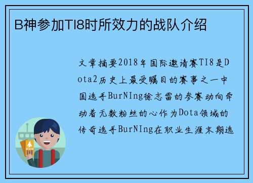 B神参加TI8时所效力的战队介绍