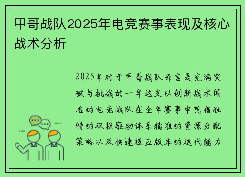 甲哥战队2025年电竞赛事表现及核心战术分析