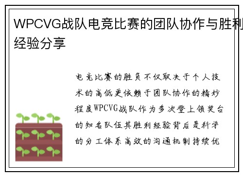 WPCVG战队电竞比赛的团队协作与胜利经验分享