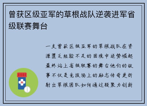 曾获区级亚军的草根战队逆袭进军省级联赛舞台